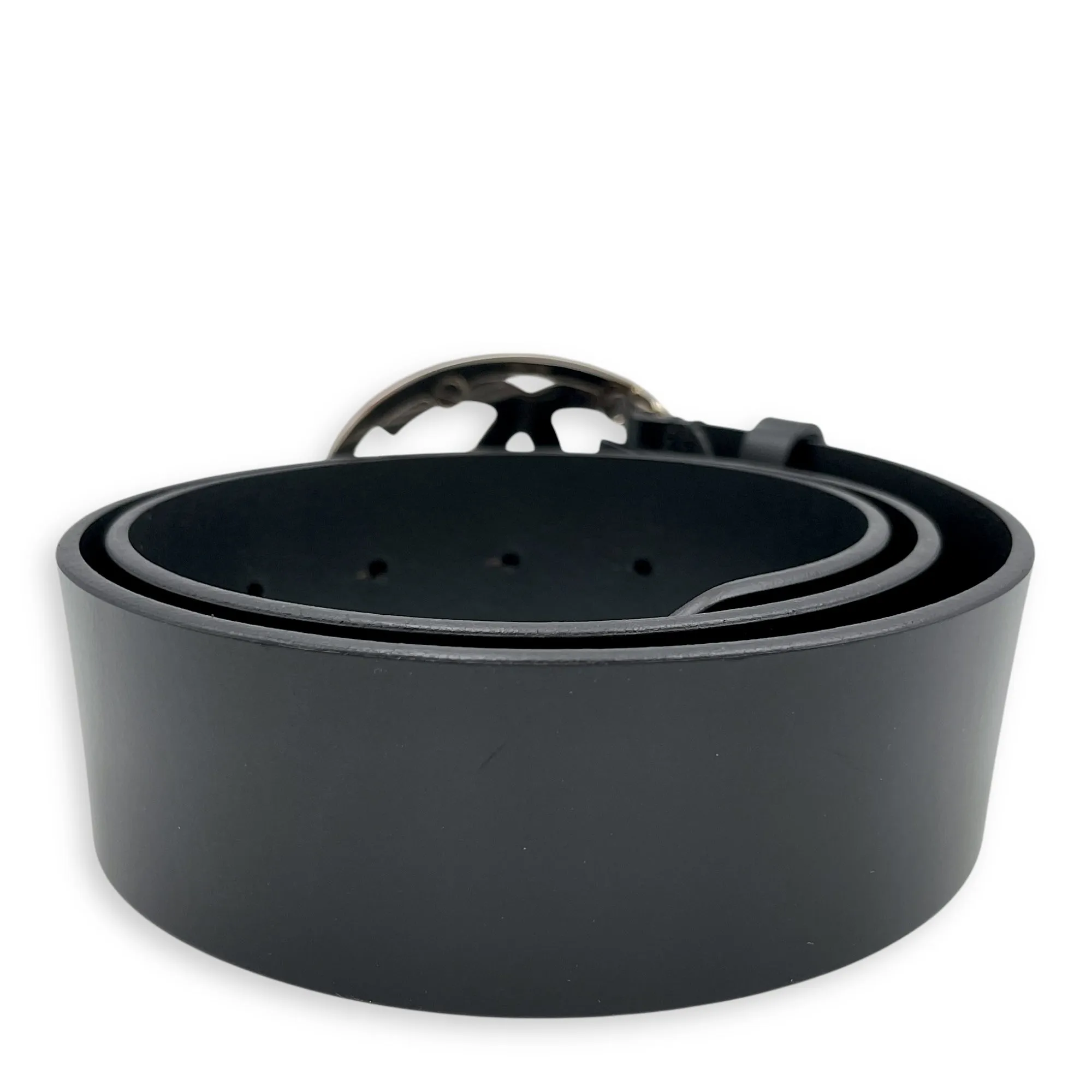 11V CC Oval Buckle 75/30 Black Belt in Calfskin, Silver hardware