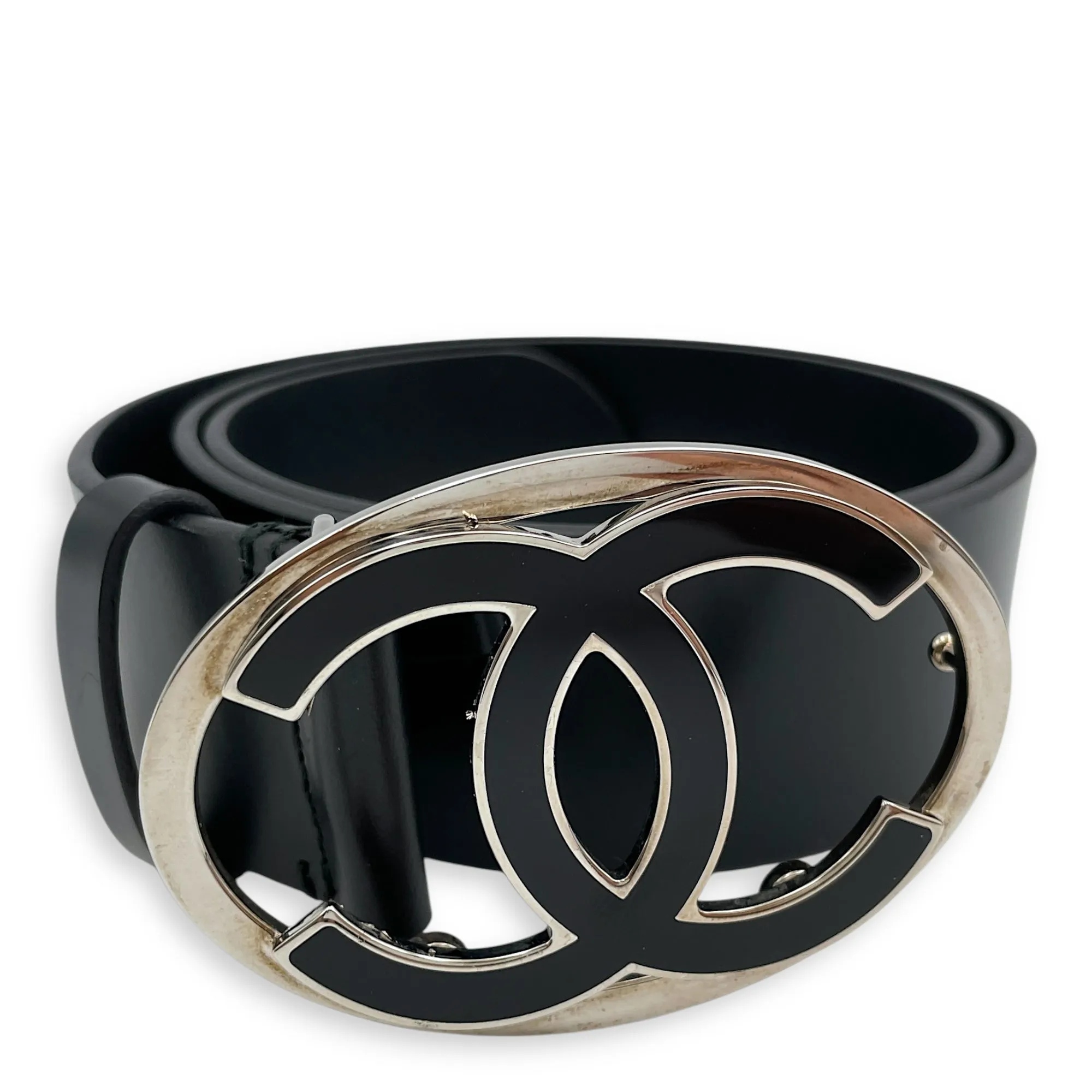 11V CC Oval Buckle 75/30 Black Belt in Calfskin, Silver hardware