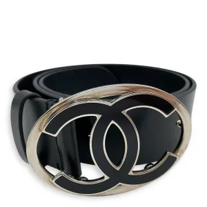 11V CC Oval Buckle 75/30 Black Belt in Calfskin, Silver hardware