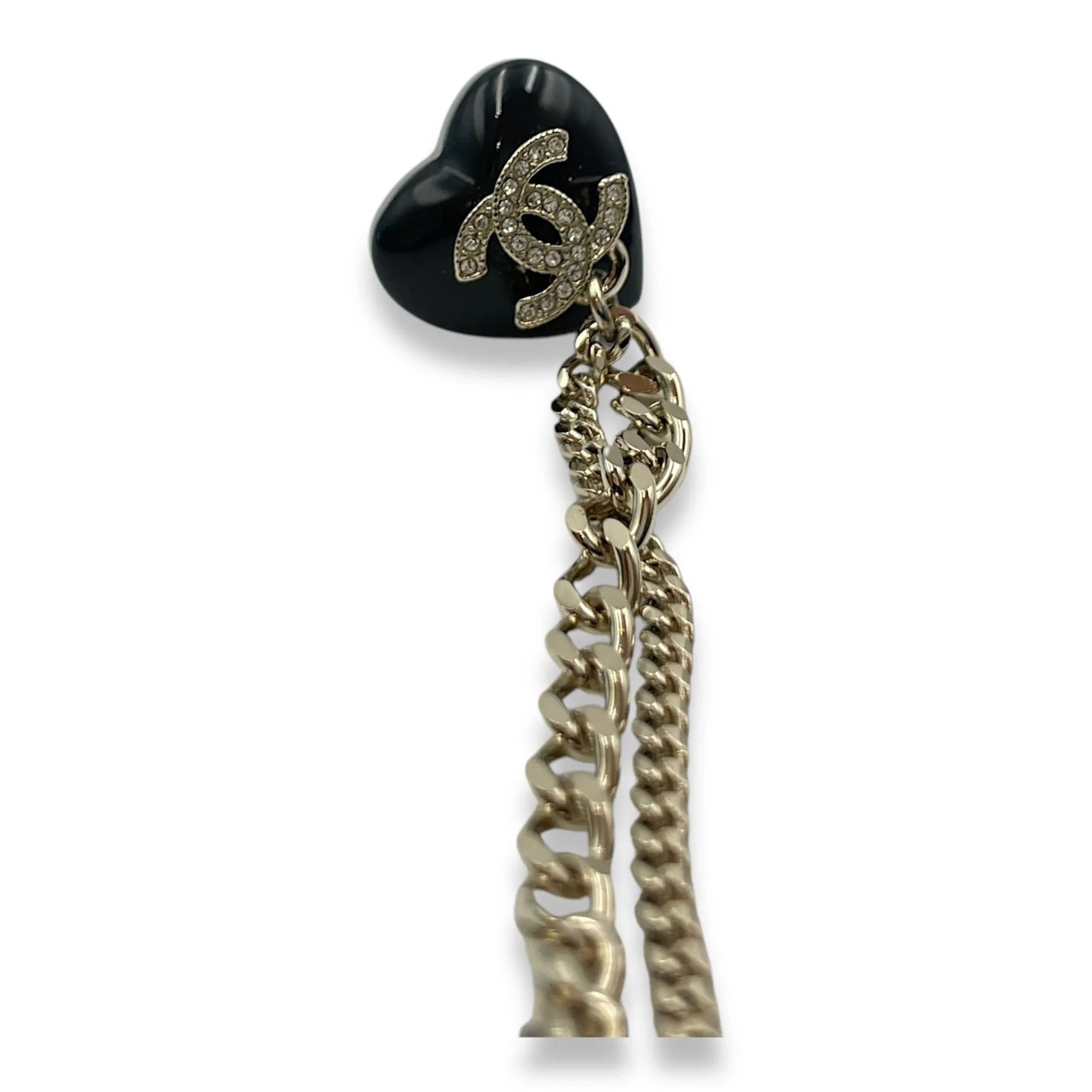 22B Double Heart Pin Black Brooch in Crystals, Resins, Gold hardware