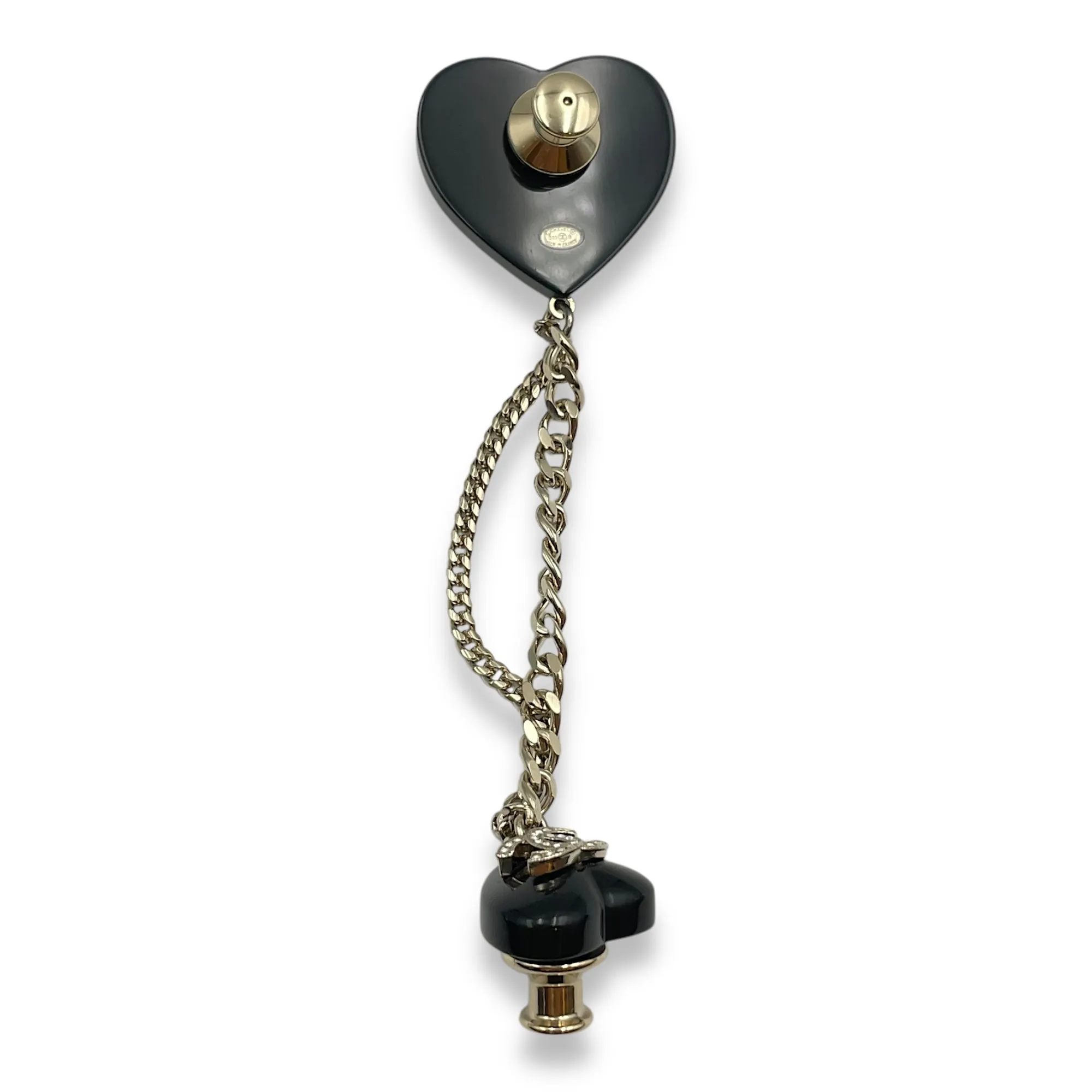 22B Double Heart Pin Black Brooch in Crystals, Resins, Gold hardware