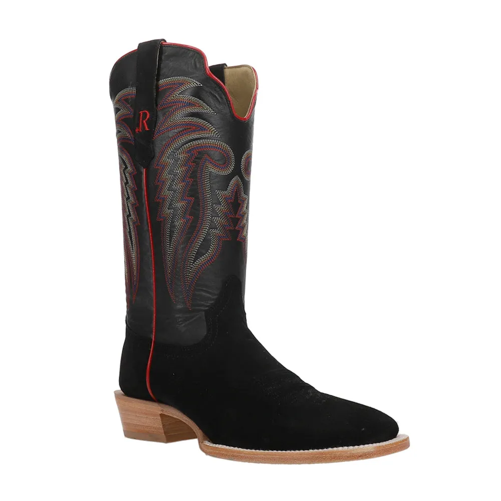 Black Rough Out Wide Embroidered Square Toe Cowboy Boots