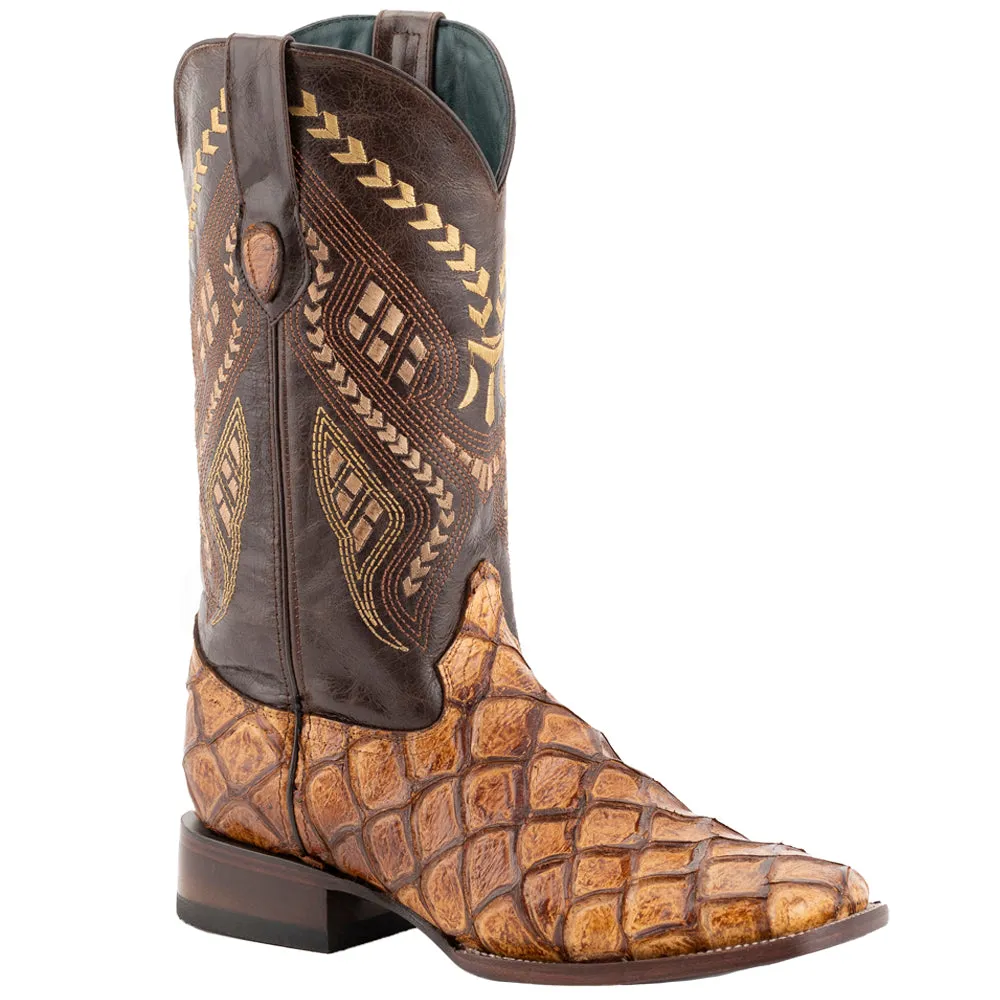 Bronco Pirarucu Print Embroidered Square Toe Cowboy Boots