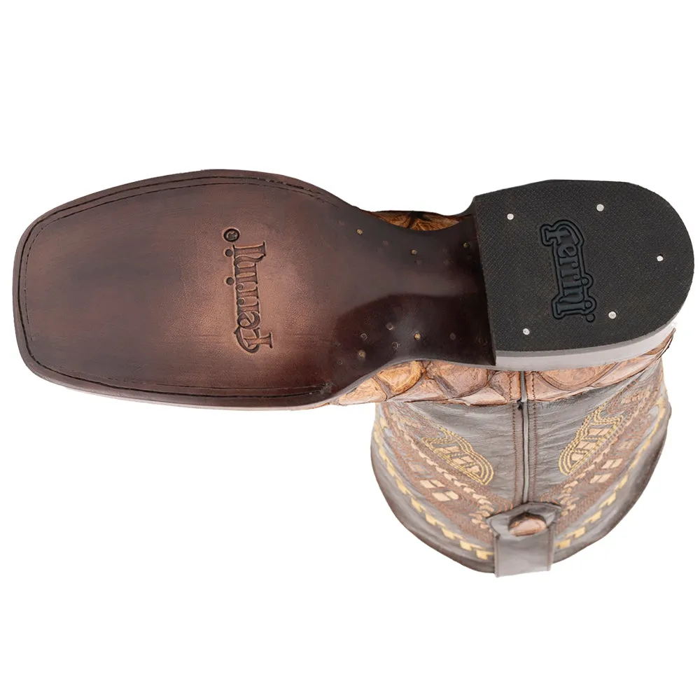 Bronco Pirarucu Print Embroidered Square Toe Cowboy Boots