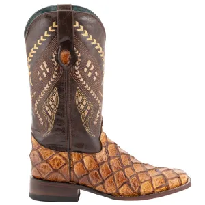 Bronco Pirarucu Print Embroidered Square Toe Cowboy Boots