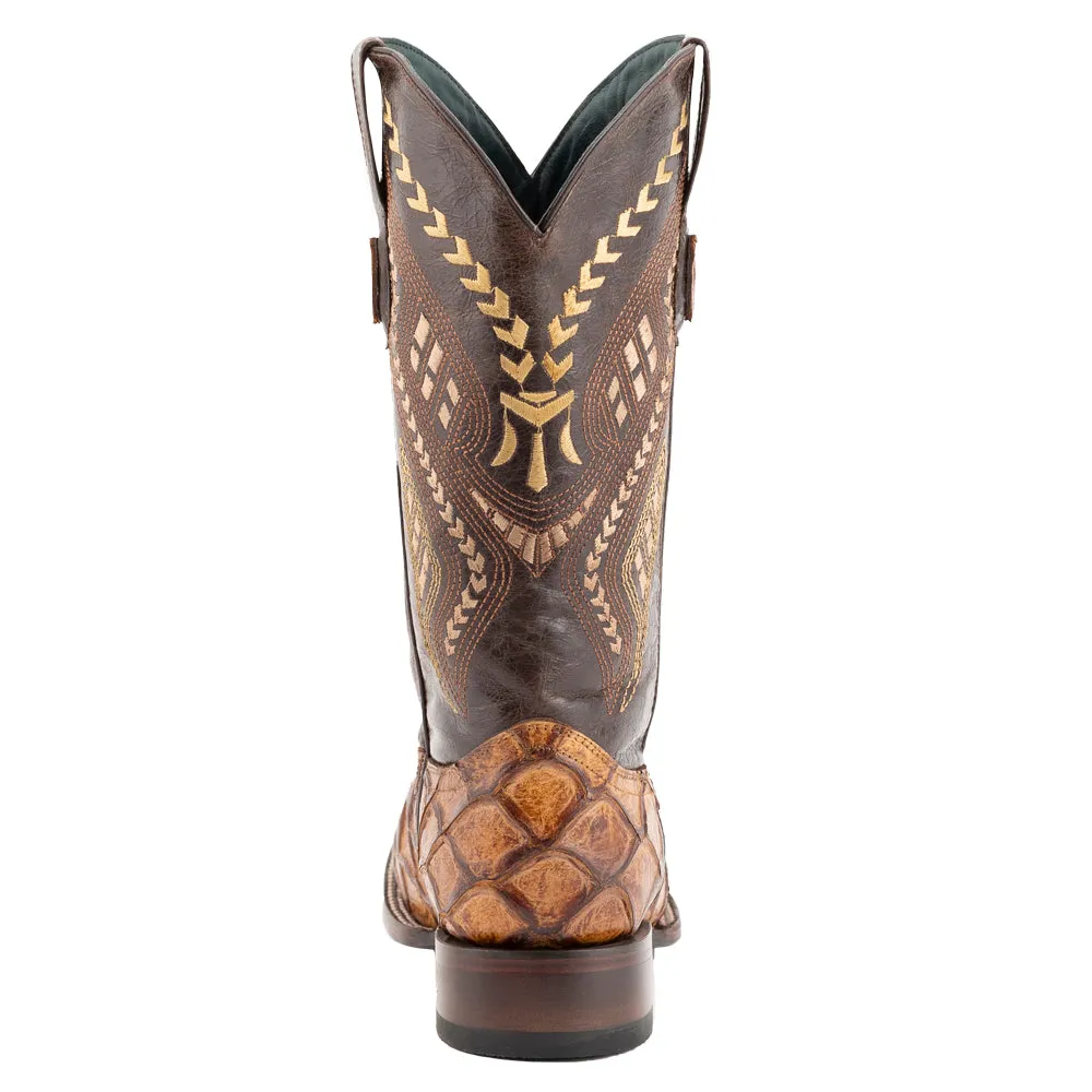 Bronco Pirarucu Print Embroidered Square Toe Cowboy Boots
