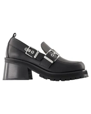 Buckle Loafer Black Leather Block Heel