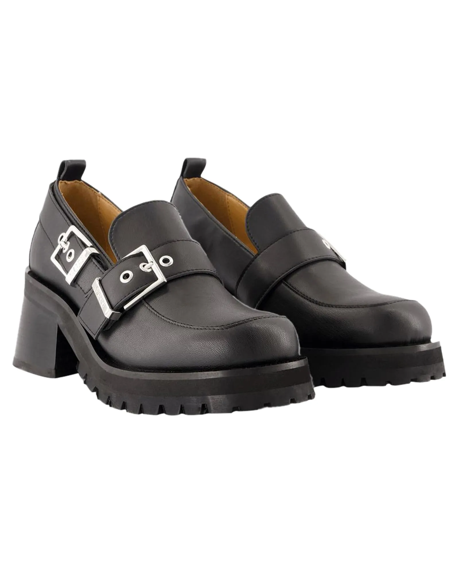 Buckle Loafer Black Leather Block Heel