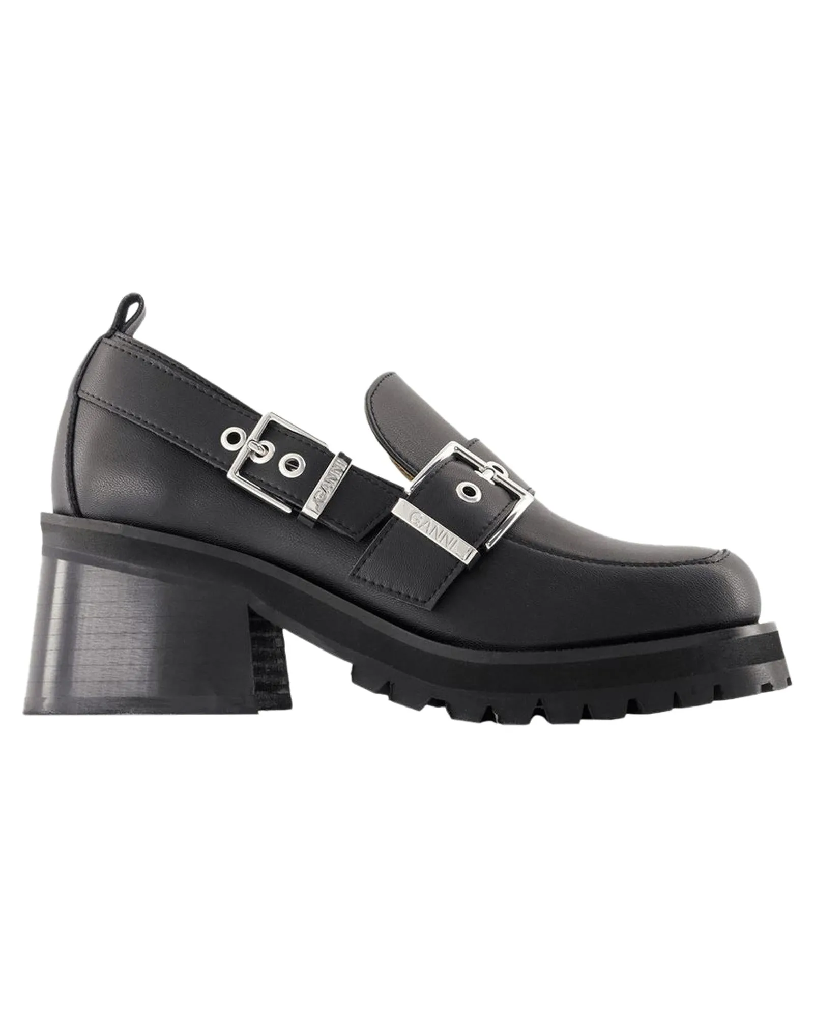 Buckle Loafer Black Leather Block Heel