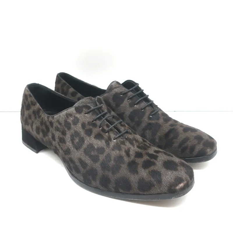 Christian Dior Leopard Print Calf Hair Oxfords Gray Size 39 Lace-Up Flats