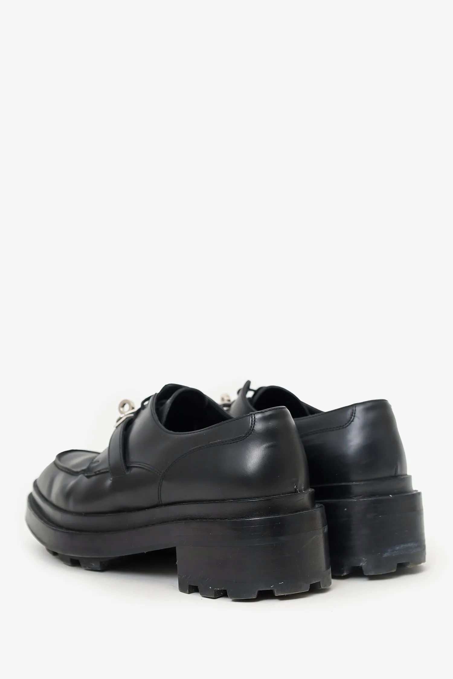 Herms Black Leather Buckle Oxfords Size 38 (As Is)