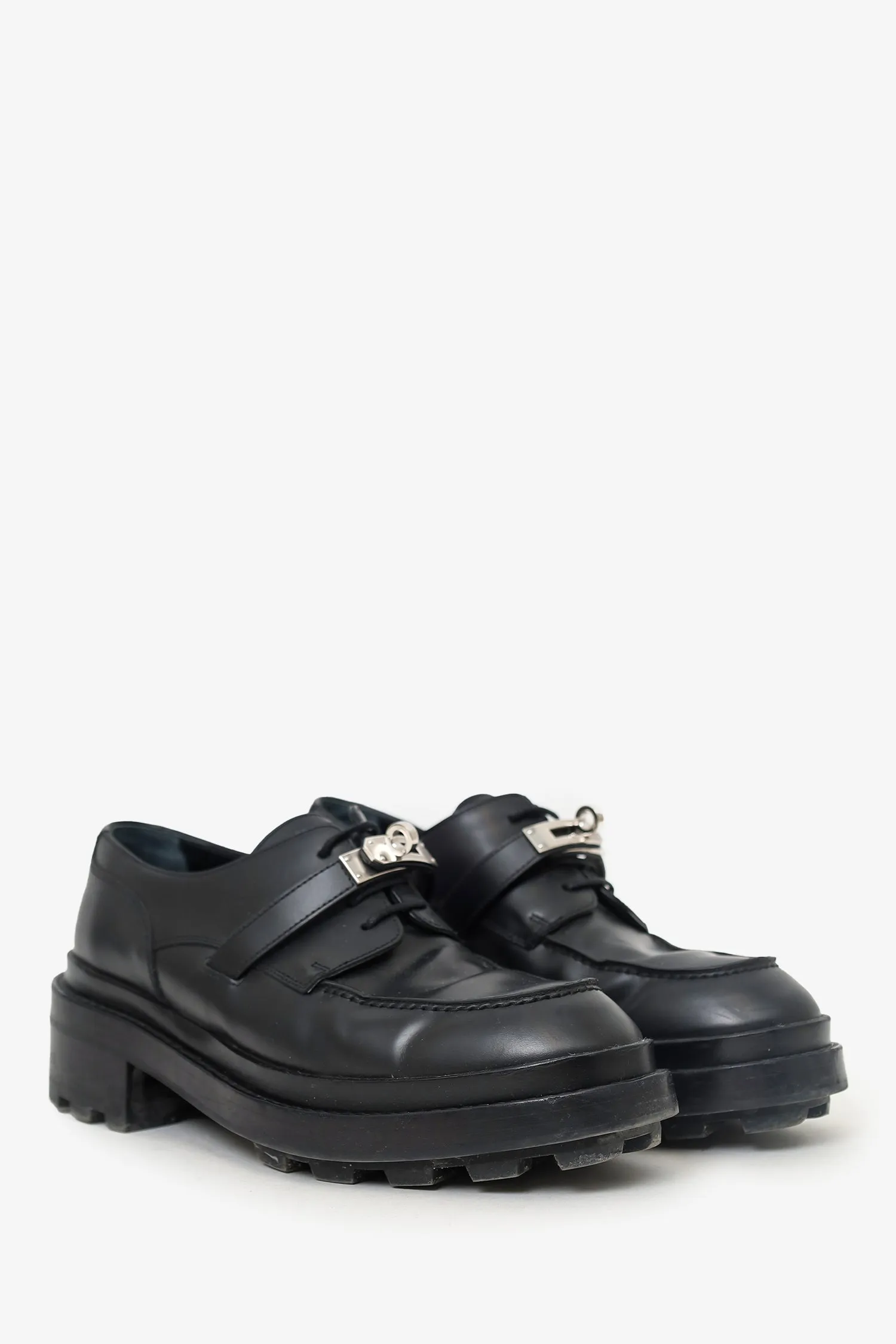 Herms Black Leather Buckle Oxfords Size 38 (As Is)