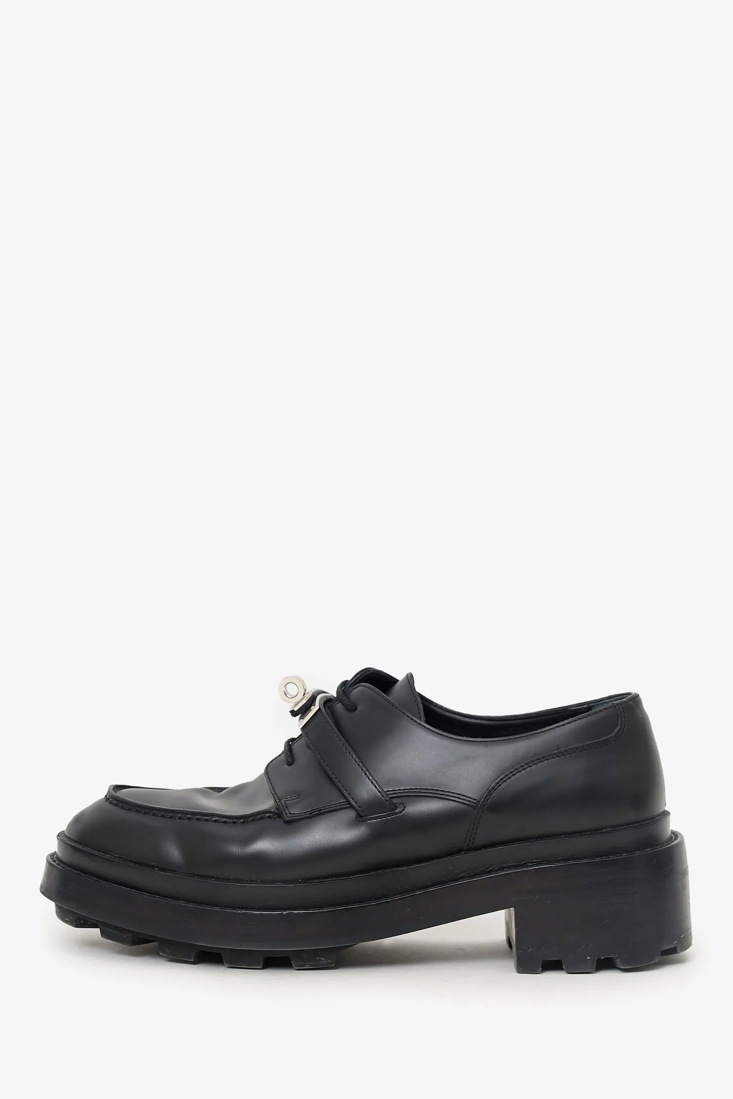Herms Black Leather Buckle Oxfords Size 38 (As Is)