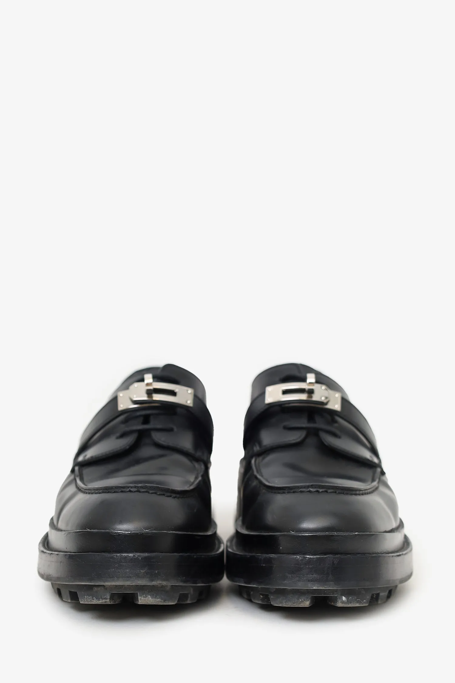 Herms Black Leather Buckle Oxfords Size 38 (As Is)