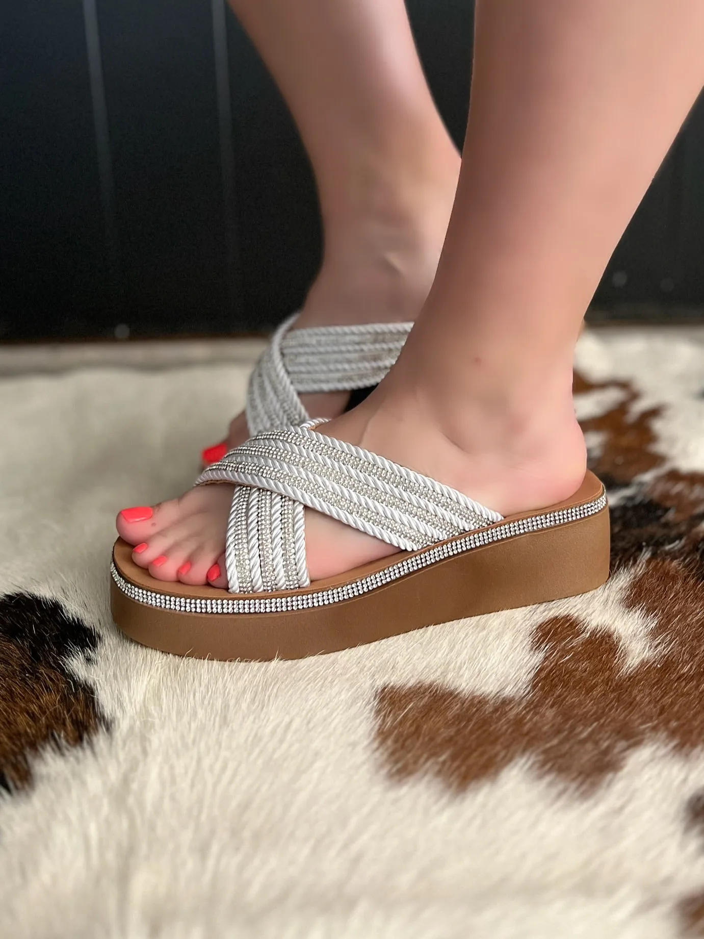 White Rhinestone Crisscross Platform Sandals
